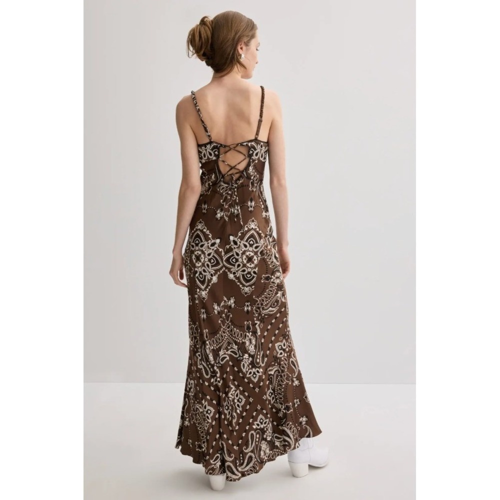 Sandro Bandana Print Dress Brown Paisley Lace Up Back Maxi Sz 42 Fr / 10 US - Picture 3 of 14